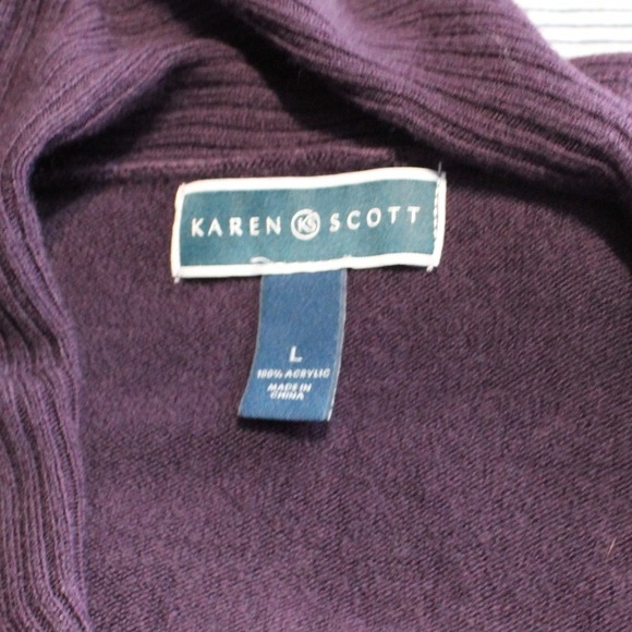 Karen Scott $58 Large Plum Purple Ruffle Front Open Cardigan Sweater - Picture 12 of 14